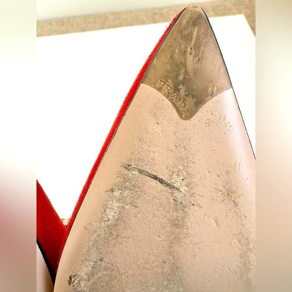 Prada Red Suede Leather Crystal embellished Mary Jane Sling back pumps EU 38.5 - Picture 11 of 11